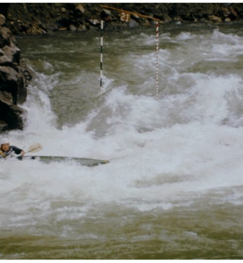The first slalom race in Oregon.  Clackamas River, 1970