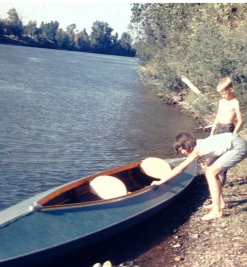 Canvas covered wood frame tandem kayak-foldboat. Willamette River!, 1965